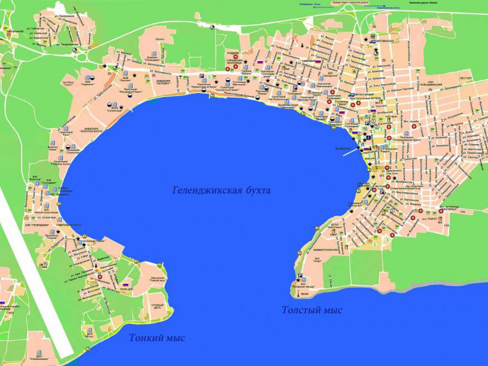 Пляж Тонкий мыс в Геленджике на карте